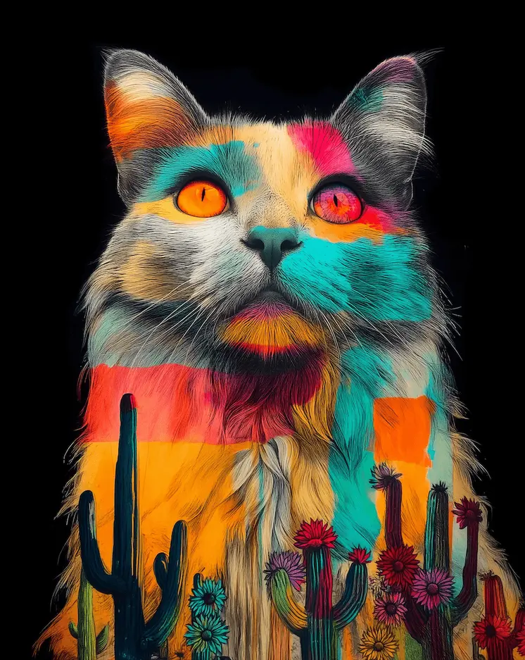 Spirit Cat  - Turn Up the Volume; Southwestern Colorful Tones - 8"x10" Artwork for 11"x14" Frame