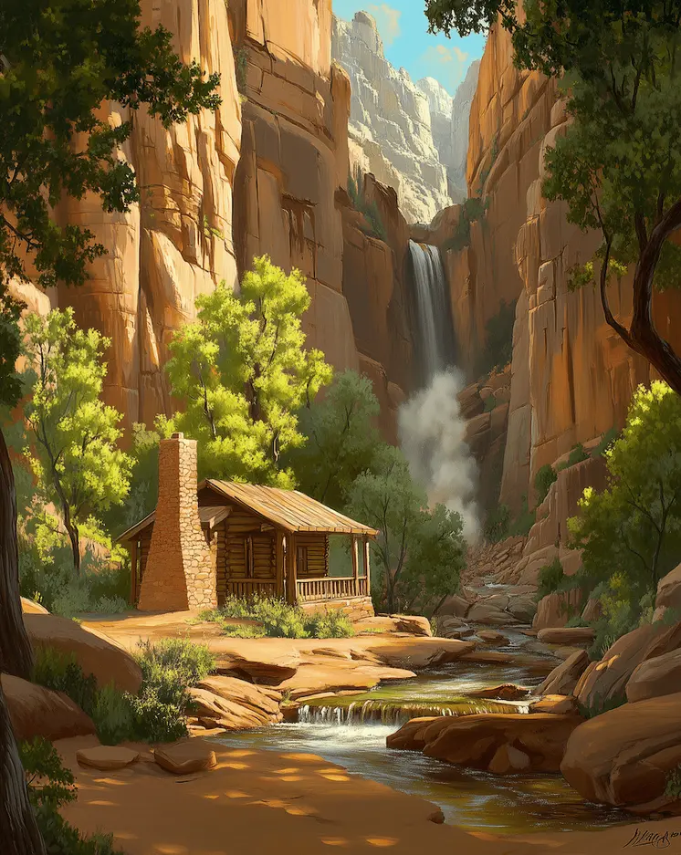 Grandfather's Waterfall Cabin Home - Classic Landscape 8"x10" Art Print
