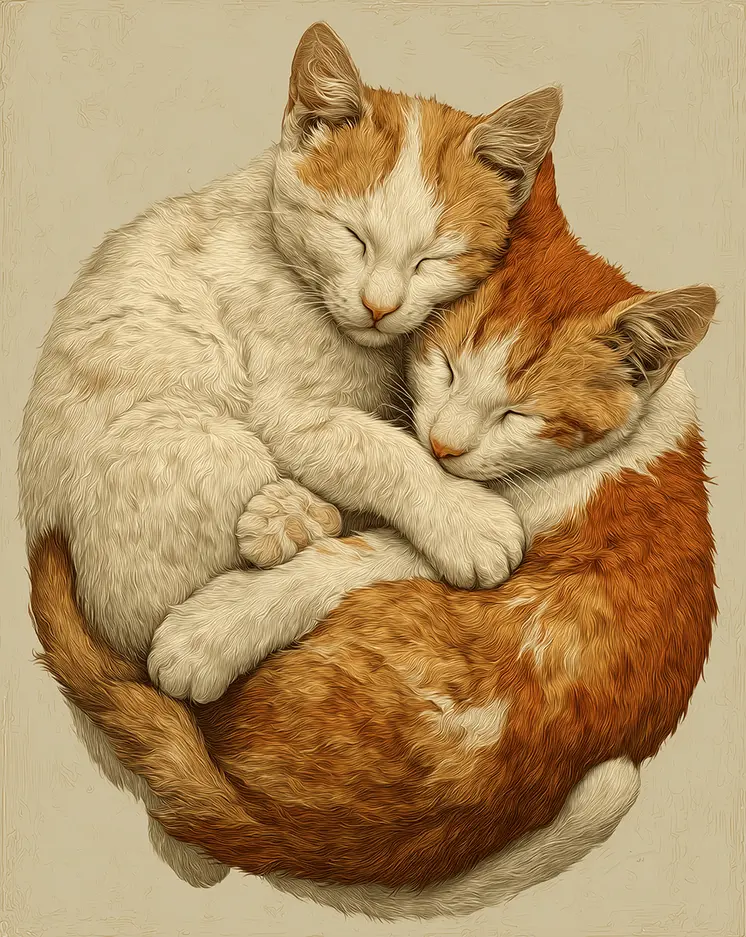Kitties Cuddling, Happy Cats - Pets Sleeping Art Prints – 8″x10″ Artwork for 11″x14″ Frame