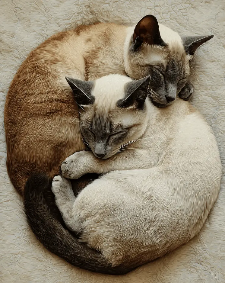 Siamese Kittens Cuddling, Happy Cats - Pets Sleeping Art Prints – 8″x10″ Artwork for 11″x14″ Frame