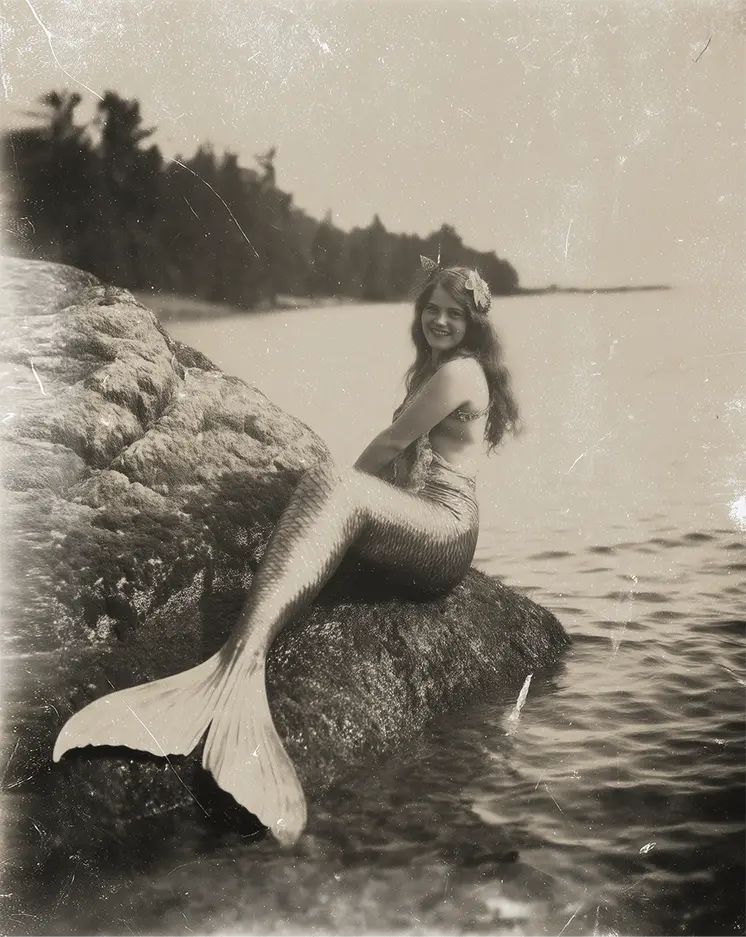 Vintage Mermaid Photo on Rocks Art Print - 8"x10" Artwork