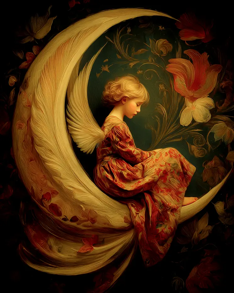 Angel Sleeping on Crescent Moon Art Print - 8"x10" Artwork