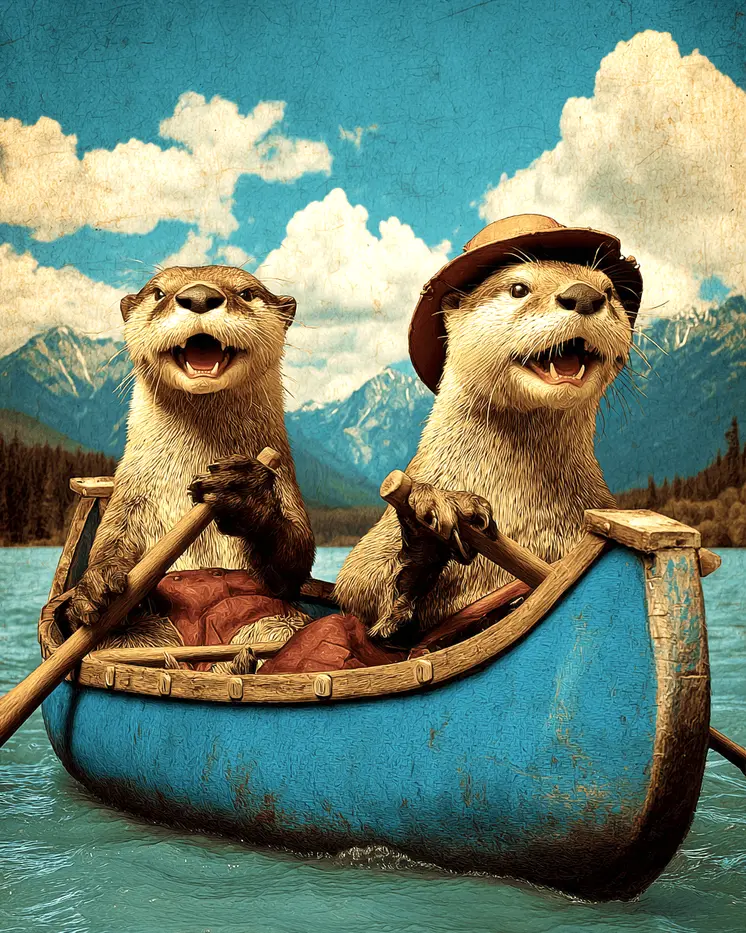 Two Otters Canoing Animals in Sports Art Print - 8"x10" Artwork