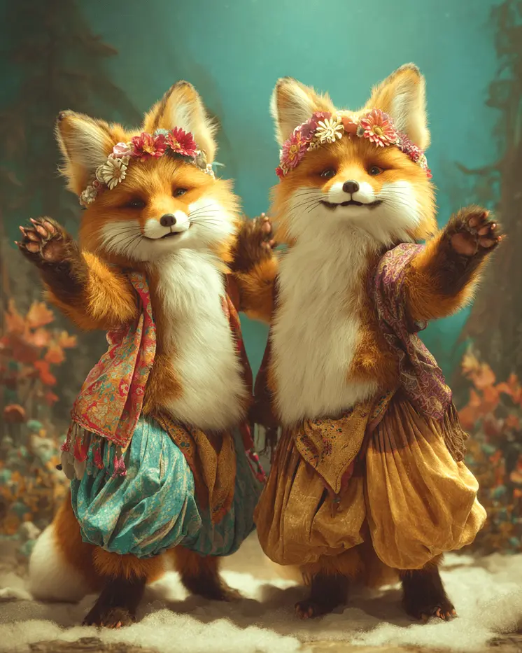 Fox Kits Dancing - Hippie Animals Art Print - 8"x10" Artwork