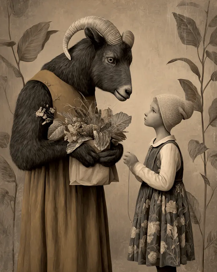 Bighorn Sheep Accepting a Gift - Hippie Animals Art Print - 8"x10" Artwork