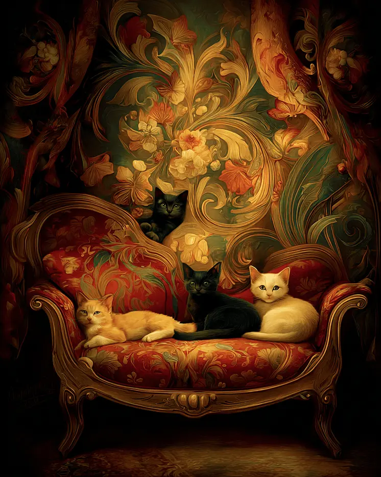 Vintage Cats on Chaise Lounge Art Print - 8"x10" Artwork