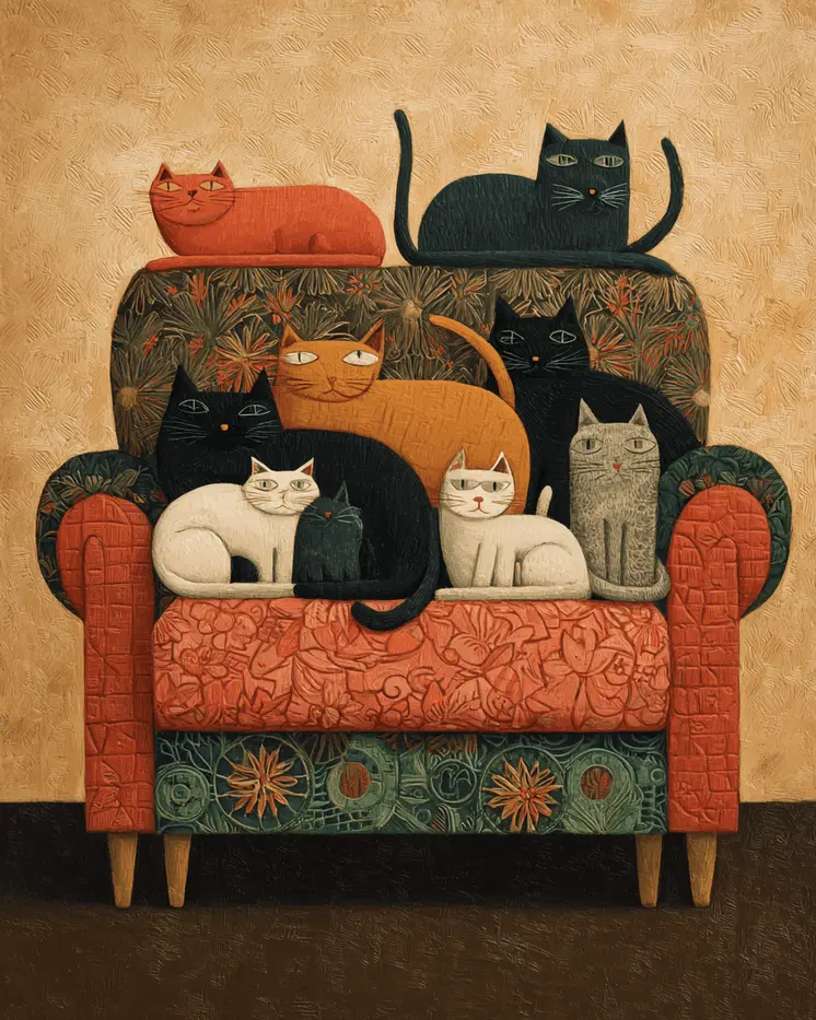 Folk Art Cats on Large Stuffed Chair Art Print - 8"x10" Artwork
