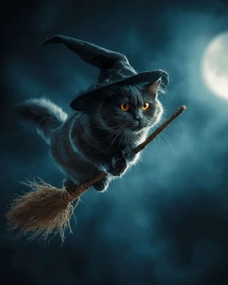 Cat Witch on Broom Art Print - 8"x10" Artwork