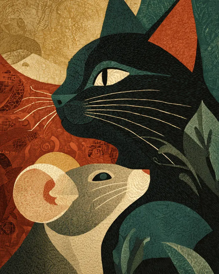 Nouveau Cat and Mouse Design Art Print - 8"x10" Artwork