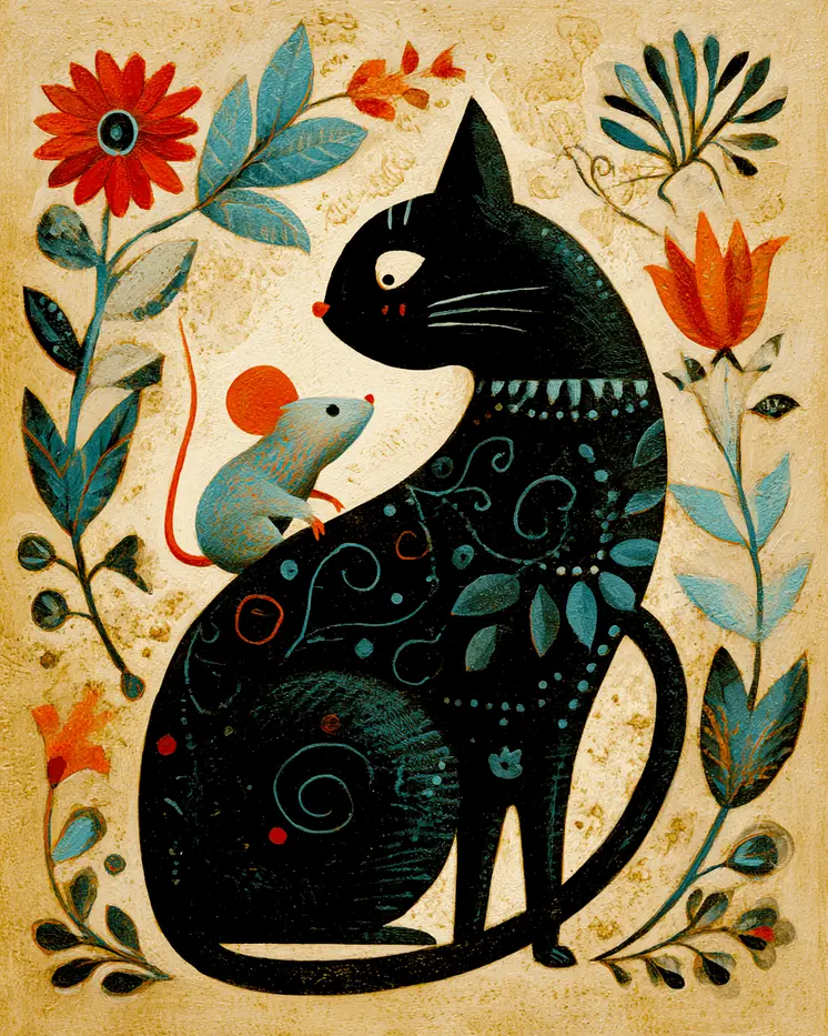 Rustic Folk Art Cat and Mouse Art Print - 8"x10" Artwork