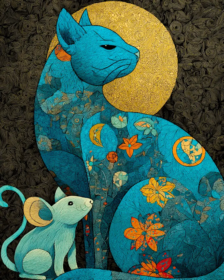 Deco Blue Cat and Mouse Art Print - 8"x10" Artwork