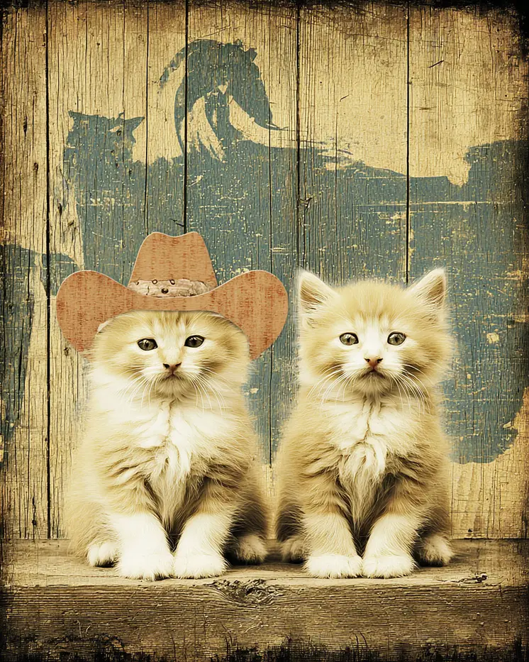 Retro Cowgirl Kerry the Kittie and Friend Art Print - 8"x10" Artwork