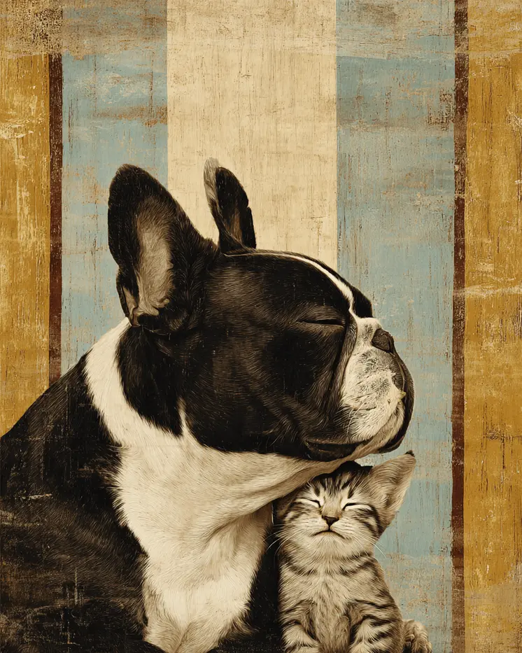 Bulldog & Kitten - Vintage Dog Art Prints - 8"x10" Artwork