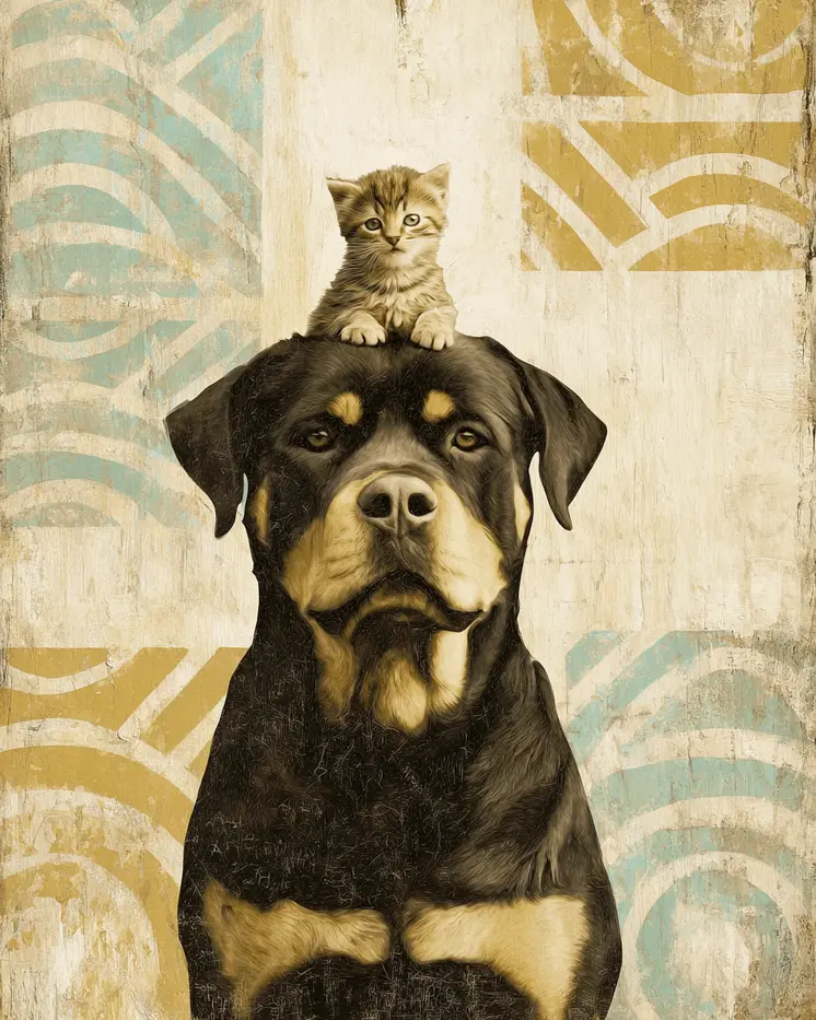 Rottweiler & Kitten Vintage Dog Art Prints - 8"x10" Artwork
