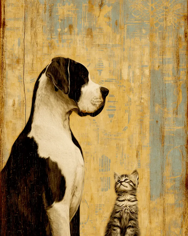 Great Dane & Kitten Meet Vintage Dog Art Prints - 8"x10" Artwork