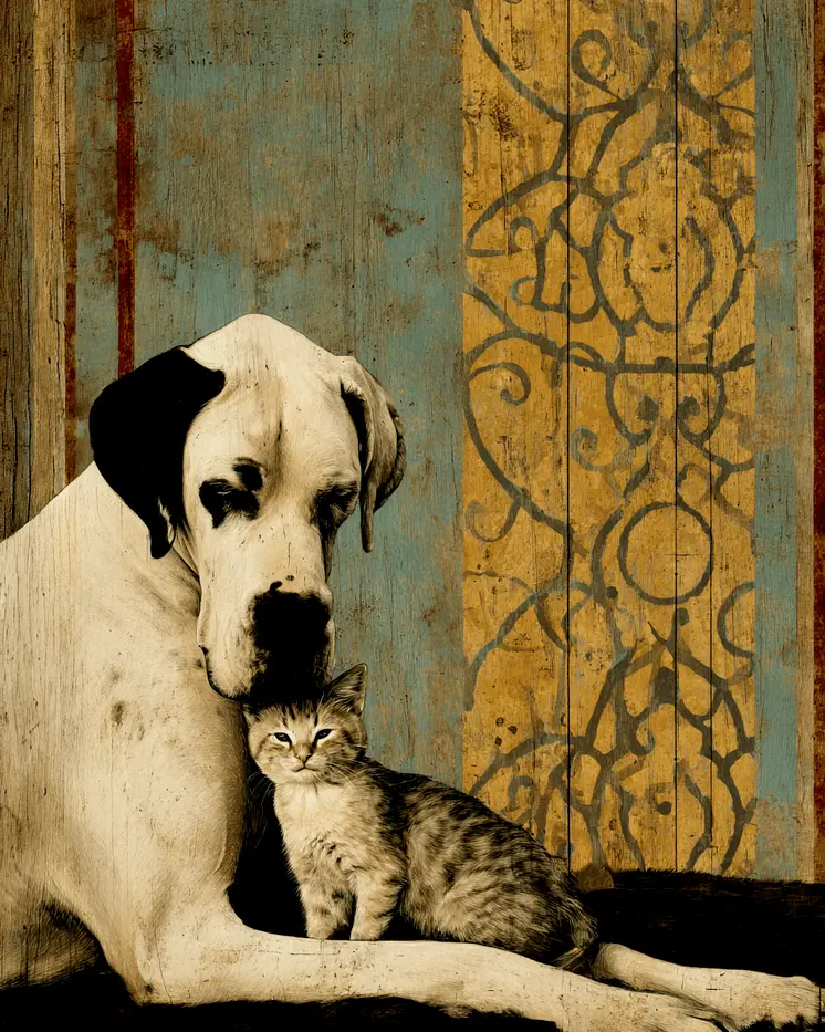 Great Dane & Kitten Love Vintage Dog Art Prints - 8"x10" Artwork