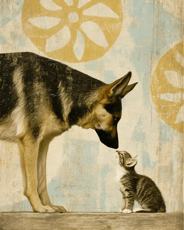 German Shepard & Kitten Vintage Dog Art Prints - 8"x10" Artwork