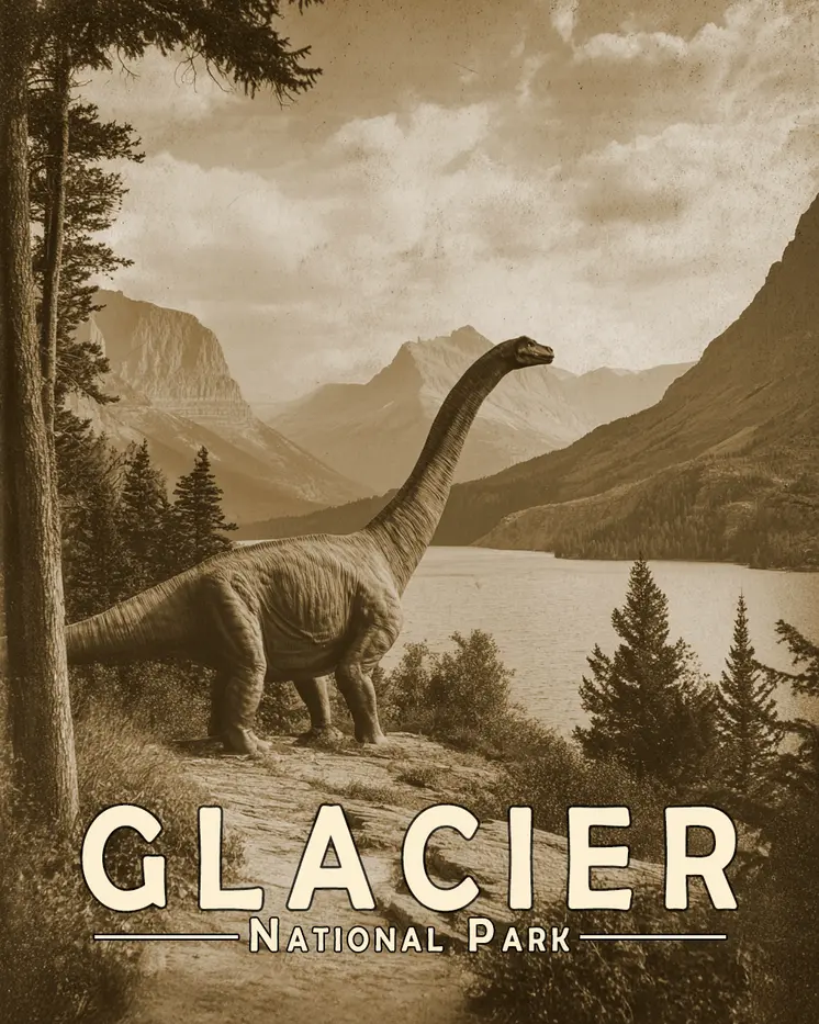 Antique Photo of Cryptid Dinosaur in Glacier National Park Souvenir Art Print - 8"x10" Artwork