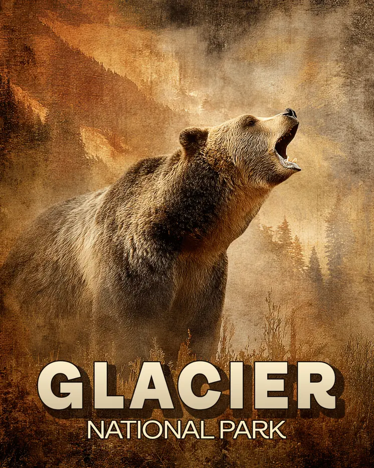 Roaring Grizzly Bear in Glacier National Park Souvenir Art Print - 8"x10" Artwork