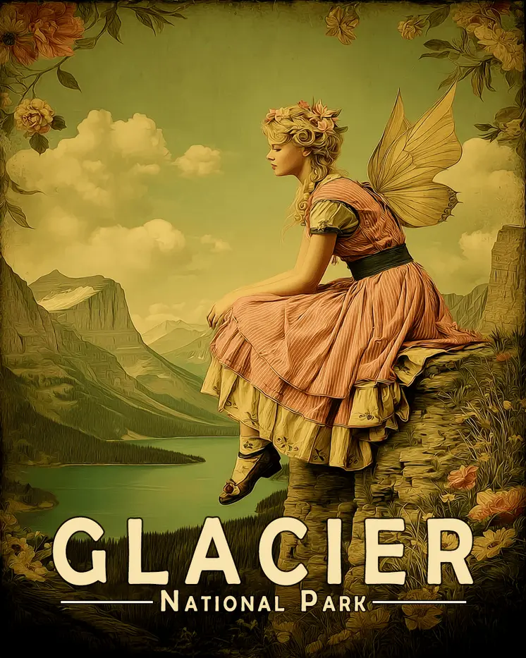 Vintage Fairy in Glacier National Park Souvenir Art Print - 8"x10" Artwork