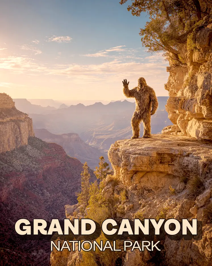 Bigfoot Waving Grand Canyon Souvenir Art Print - 8"x10" Artwork