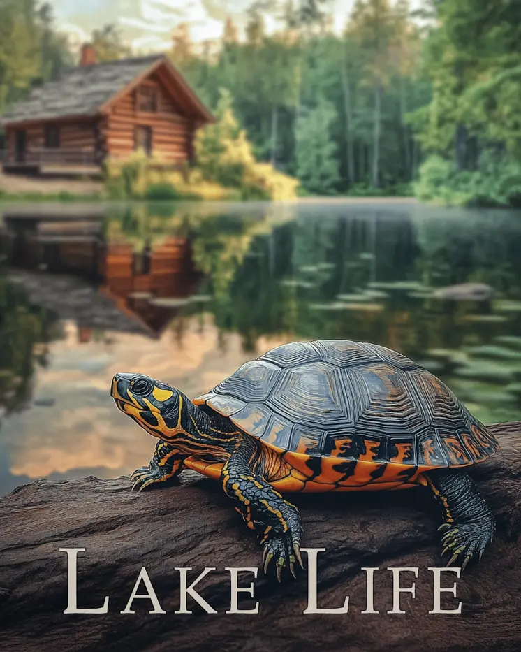 Painted Turtle on Log - Lake Life Art Print - 8"x10" Artwork