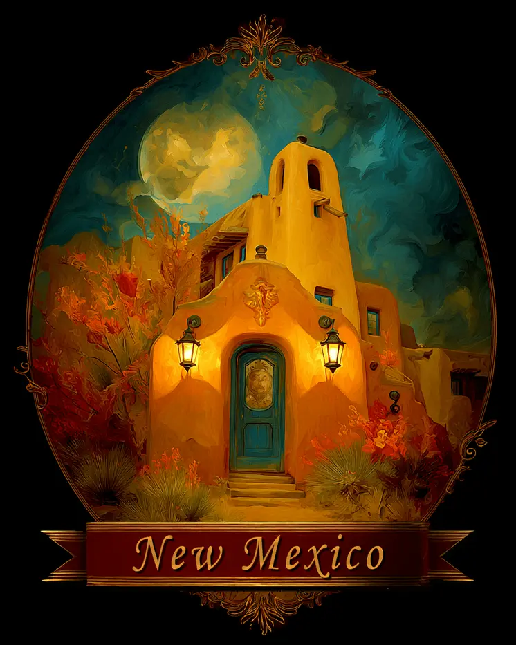 Vintage Church at Midnight New Mexico Souvenir Art Print - 8"x10" Artwork