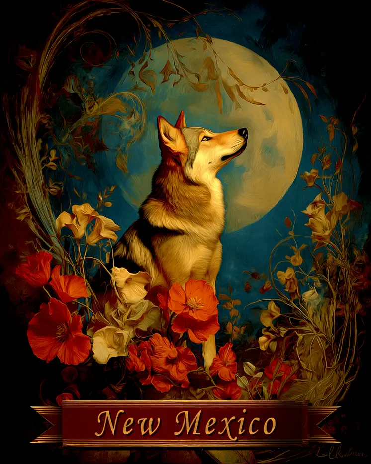 Vintage Wolf and Moon New Mexico Souvenir Art Print - 8"x10" Artwork