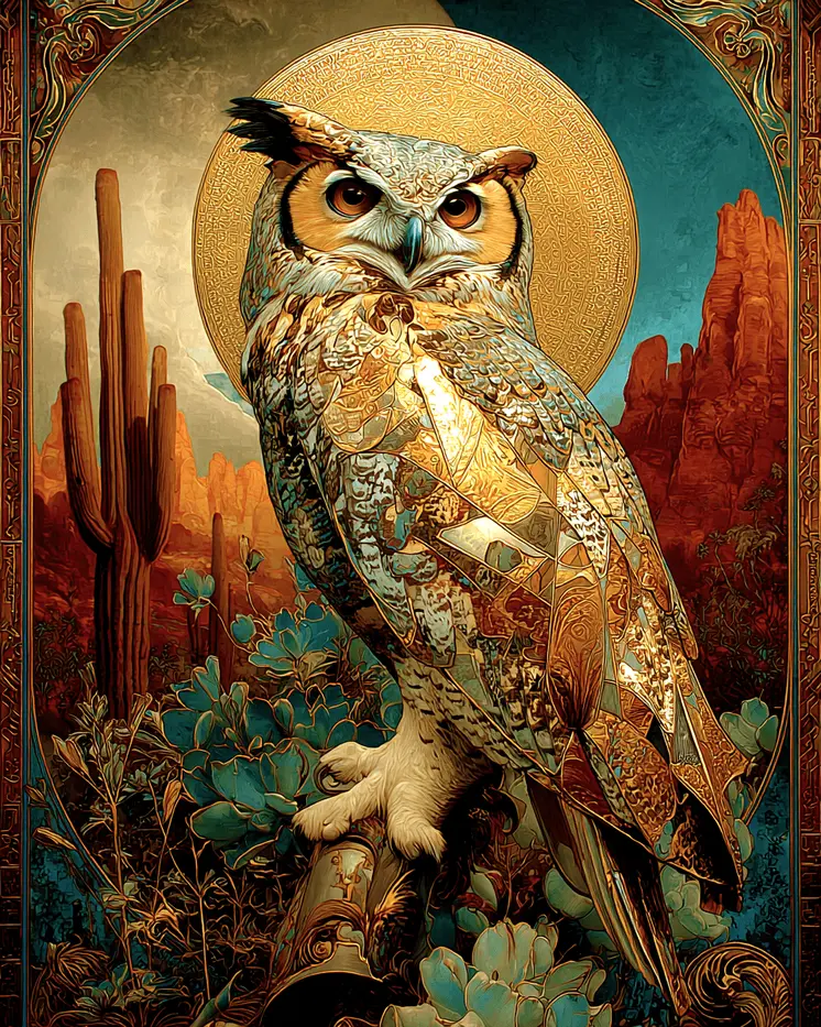 SW Nouveau Owl - American Southwest Art Print - 8"x10" Artwork