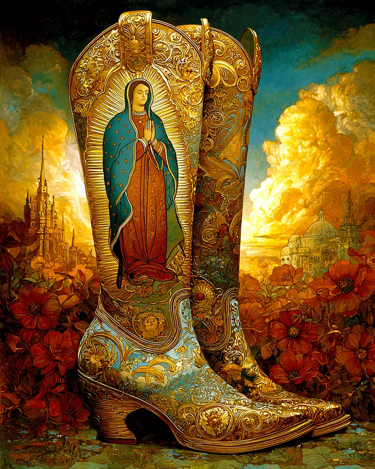 SW Nouveau Mother of Guadalupe Boots - American Southwest Art Print - 8"x10" Artwork