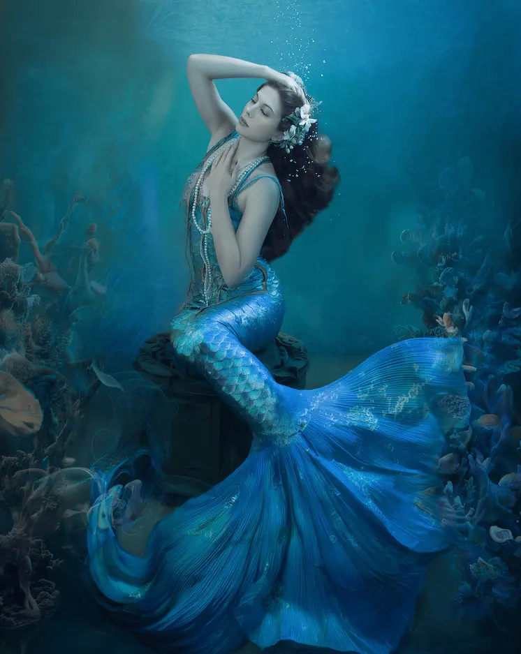 Blue Mermaid Listening Art Print - 8"x10" Artwork