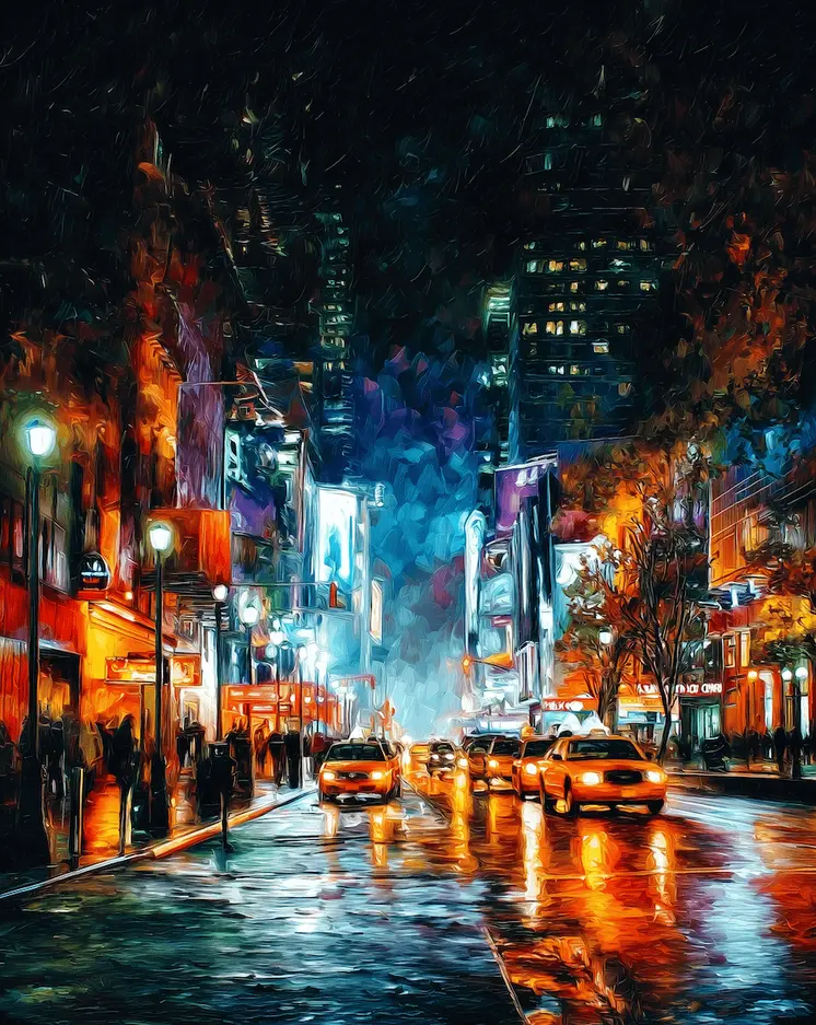 Impressionist Taxis on City Avenue - Impressionism: Cityscape Art Prints - 8"x10" Artwork