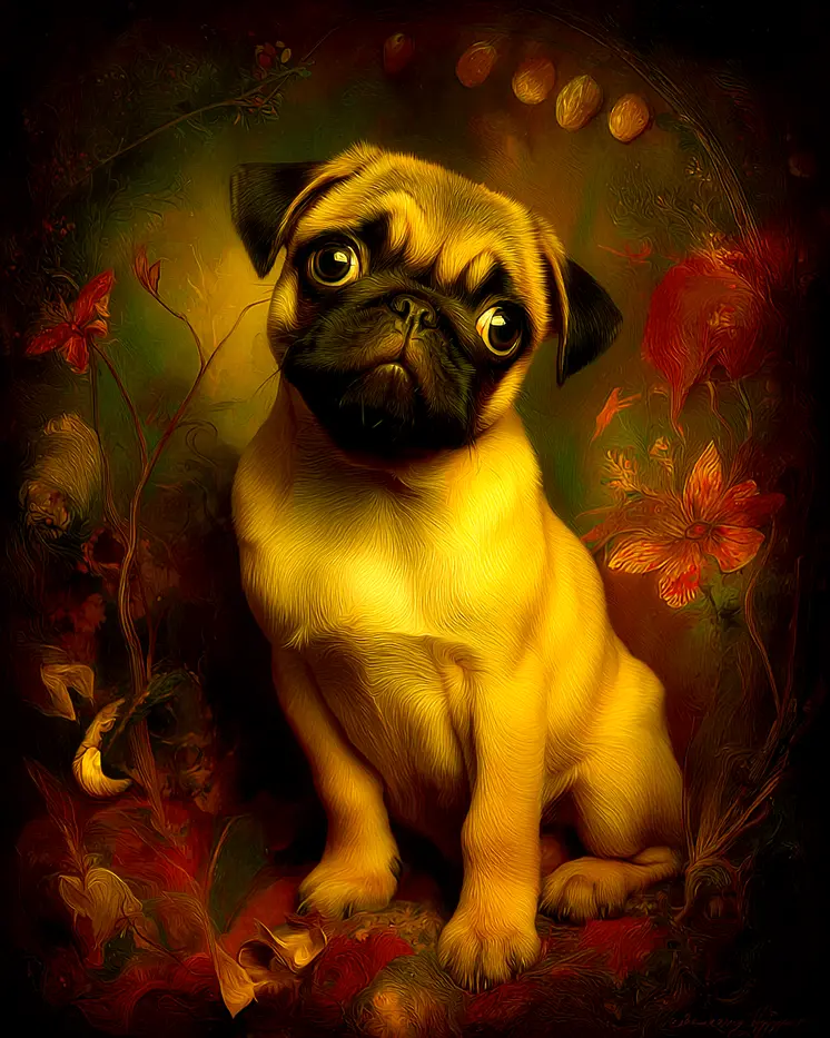 Vintage Nouveau Sad Pug Pup Dog Themed Art Print - 8"x10" Artwork