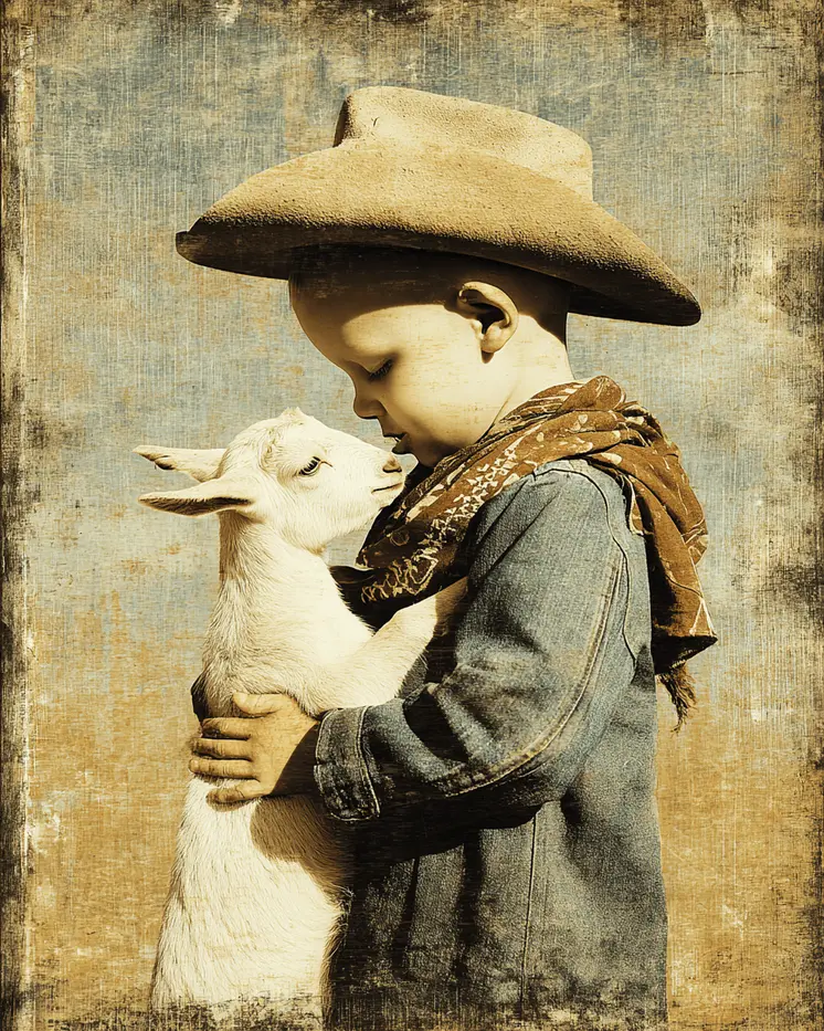 SW Nouveau Baby Cowboy and Lamb Friend - Kids of the American Southwest Art Print - 8"x10" Artwork