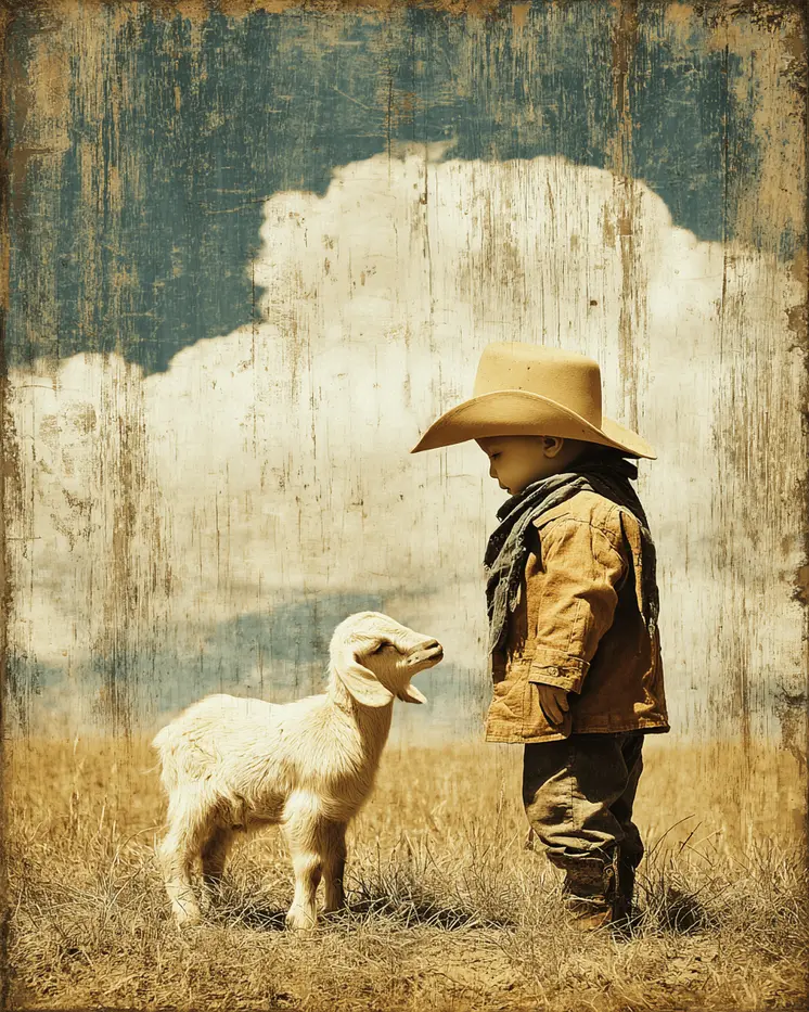 SW Nouveau Baby Cowboy and Lamb Standoff - Kids of the American Southwest Art Print - 8"x10" Artwork