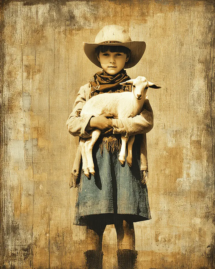 SW Nouveau Cowgirl Holding Her Lamb - Kids of the American Southwest Art Print - 8"x10" Artwork