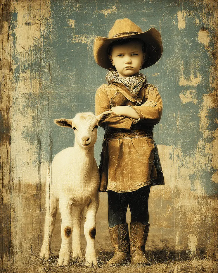 SW Nouveau Stubbern Cowgirl and her Lamb - Kids of the American Southwest Art Print - 8"x10" Artwork