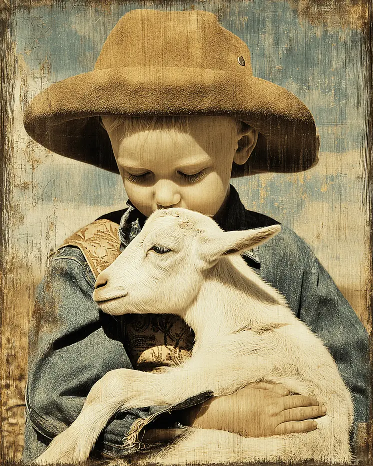 SW Nouveau Young Cowboy with Pet Goat - Kids of the American Southwest Art Print - 8"x10" Artwork