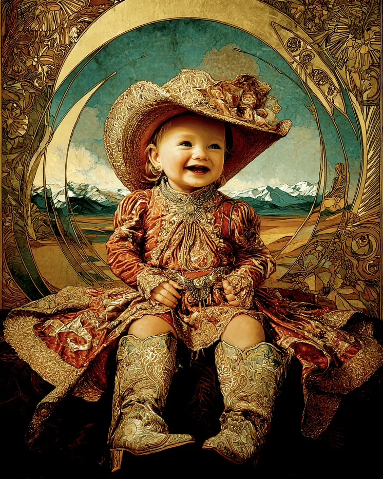 SW Nouveau Smiling Baby Cowgirl - Kids of the American Southwest Art Print - 8"x10" Artwork