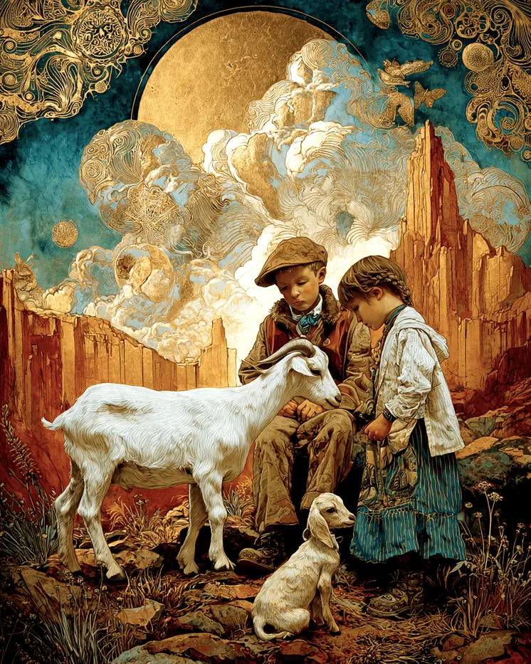SW Nouveau Kids with Goat Kids - Kids of the American Southwest Art Print - 8"x10" Artwork