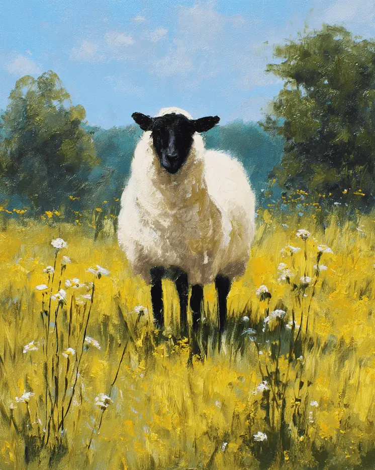 Blackface Sheep in Field Farm Animal Art Print - 8"x10" Artwork