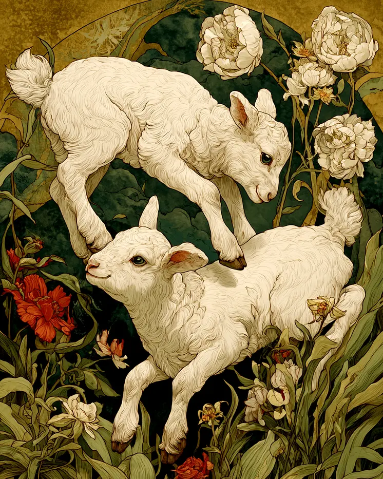 Nouveau Lambs Playing Farm Animal Art Print - 8"x10" Artwork
