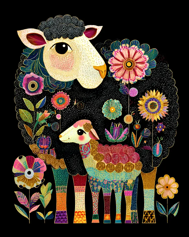 BOHO Sheep and Lamb Farm Animal Art Print - 8"x10" Artwork