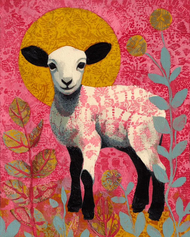Batik Style Lamb Farm Animal Art Print - 8"x10" Artwork