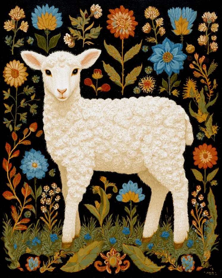 Lamb with Flower Background Farm Animal Art Print - 8"x10" Artwork