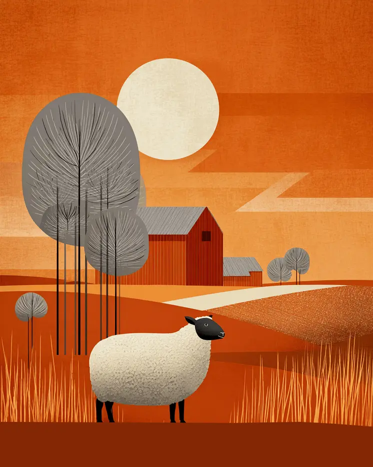Mid-Century Modern Blackface Sheep in Field Farm Animal Art Print - 8"x10" Artwork