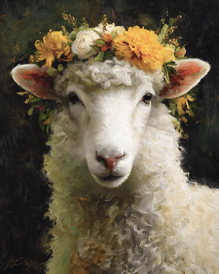 Sheep with Flower Crown Farm Animal Art Print - 8"x10" Artwork