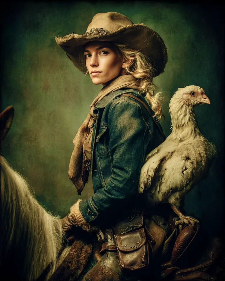 Cowgirl and Chicken on Horse Western Art Print - 8"x10" Artwork