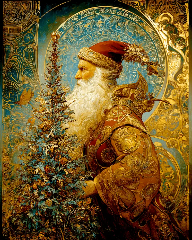 Golden Santa Claus Christmas Art Print - 8"x10" Artwork
