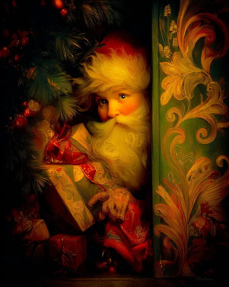 Vintage Nouveau Santa Claus Peeking Out Christmas Art Print - 8"x10" Artwork